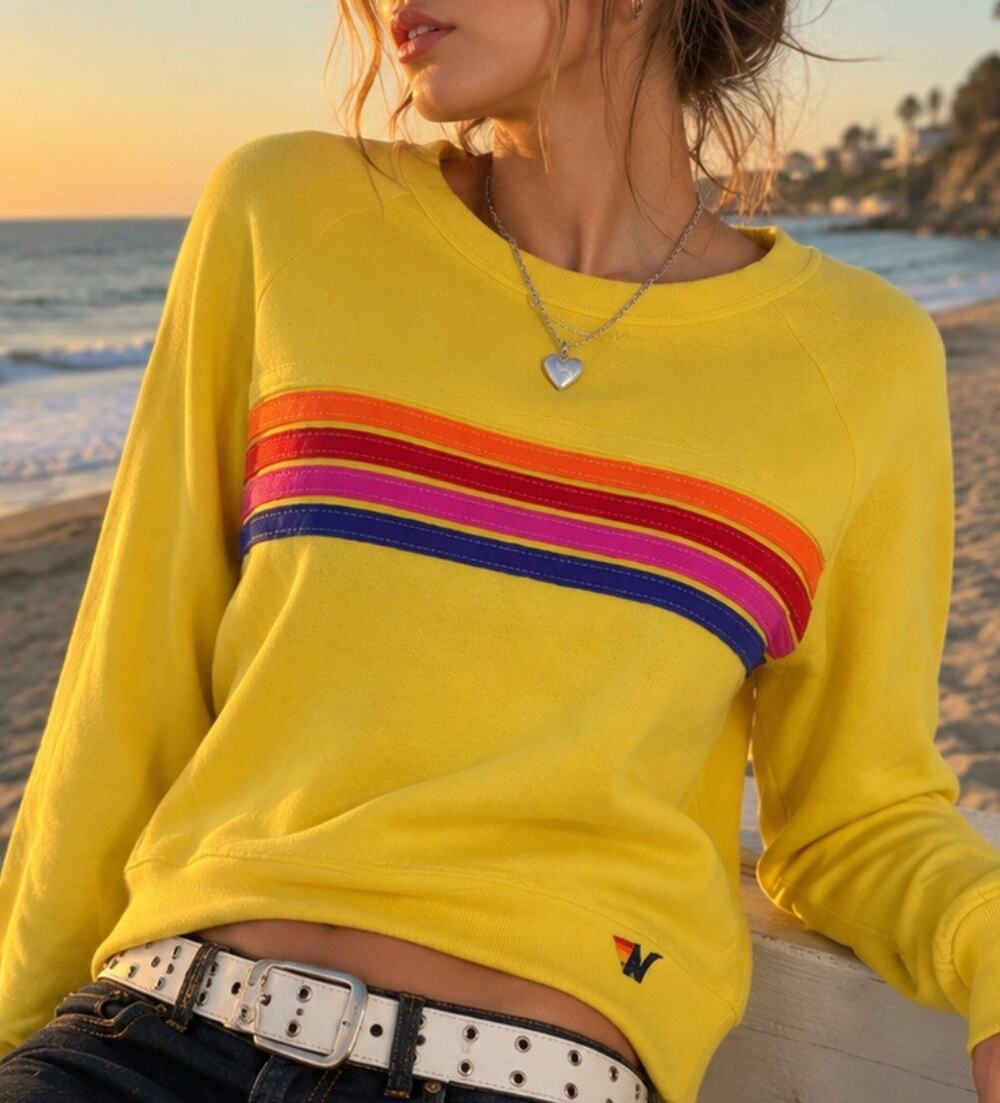 Aviator Nation Rainbow Stripe Yellow Sweatshirt Pullover XS Retro California Top